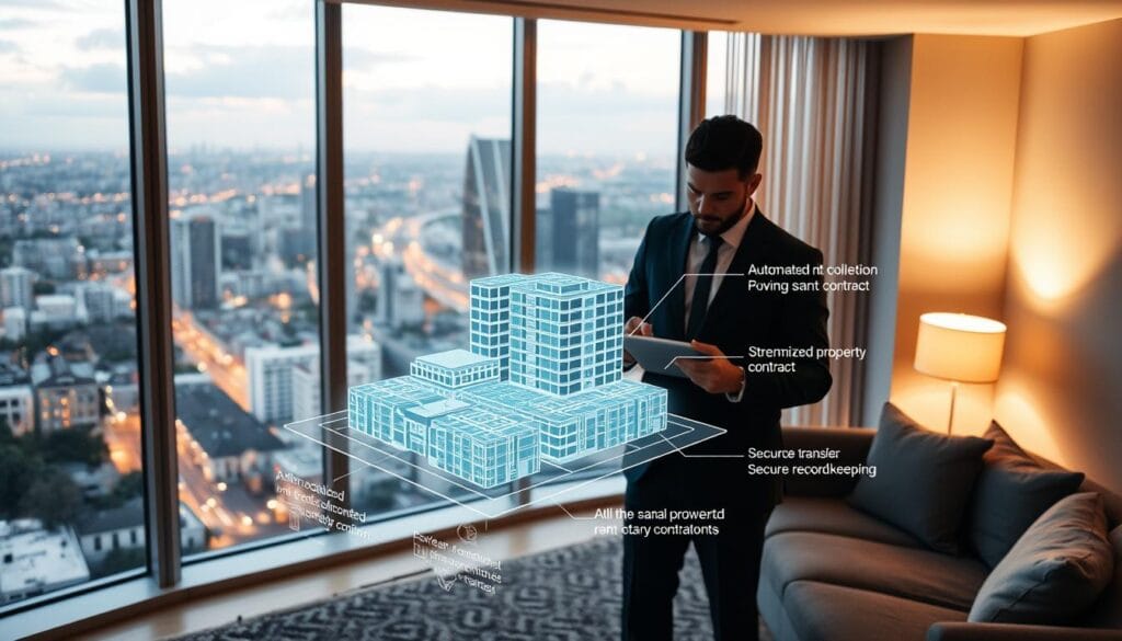 A modern, sleek apartment interior with panoramic windows overlooking a bustling cityscape. In the foreground, a holographic display showcases a detailed 3D model of a residential building, highlighting various blockchain-powered smart contract features like automated rent collection, streamlined property transfer, and secure record-keeping. The middle ground features a well-dressed professional using a tablet to interact with the hologram, explaining the benefits of these innovative real estate technologies. The background has a warm, minimalist ambiance with subtle lighting, creating a sense of sophistication and technological advancement. A modern, sleek apartment interior with panoramic windows overlooking a bustling cityscape. In the foreground, a holographic display showcases a detailed 3D model of a residential building, highlighting various blockchain-powered smart contract features like automated rent collection, streamlined property transfer, and secure record-keeping. The middle ground features a well-dressed professional using a tablet to interact with the hologram, explaining the benefits of these innovative real estate technologies. The background has a warm, minimalist ambiance with subtle lighting, creating a sense of sophistication and technological advancement.