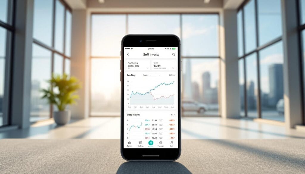 A modern, sleek financial services app interface with a clean, minimalist design. In the foreground, a polished smartphone display showcases the SoFi Active Investing platform, featuring intuitive charts, real-time market data, and a user-friendly trading experience. The middle ground depicts a serene, contemporary office setting with natural light streaming through large windows, conveying a sense of professionalism and sophistication. In the background, a cityscape skyline symbolizes the global reach and scale of the SoFi ecosystem. The overall mood is one of technological innovation, financial empowerment, and a holistic approach to personal wealth management.
