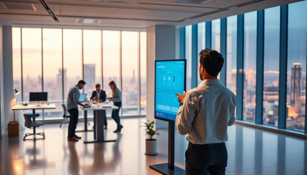 A modern, sleek fintech office with an open floor plan. In the foreground, a young professional in a crisp white shirt and dark slacks stands before a large touchscreen display, intently swiping and tapping as they explore the user interface of a neobank app. Soft, indirect lighting casts a warm glow, highlighting the clean lines and minimalist decor. In the middle ground, colleagues collaborate at standing desks, deep in discussion. The background features floor-to-ceiling windows offering a panoramic view of a vibrant cityscape, conveying a sense of innovation and the future of banking. The overall mood is one of focus, efficiency, and the digital transformation of personal finance.
