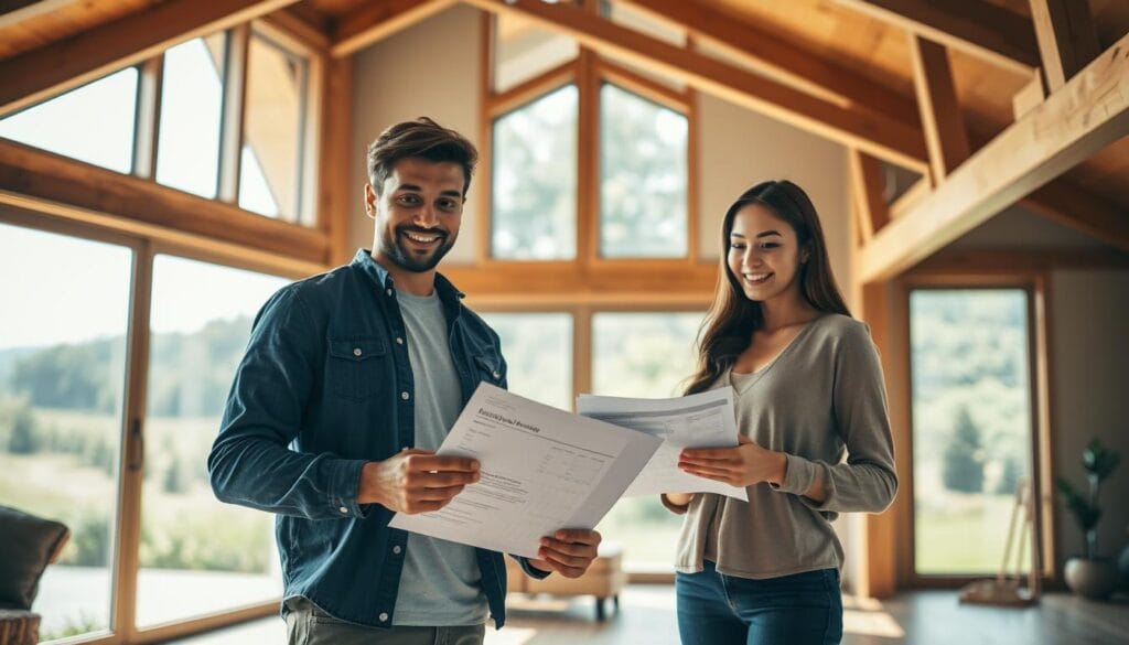 A modern, sleek home constructed with warm wooden beams and large windows, bathed in soft, natural lighting. In the foreground, a young couple standing proudly, reviewing financial documents and discussing their construction loan options. In the background, a lush, verdant landscape, hinting at the dream home they are about to build. The scene conveys a sense of excitement, financial security, and the realization of a long-held aspiration. The overall atmosphere is one of optimism, hope, and the promise of a bright future. A modern, sleek home constructed with warm wooden beams and large windows, bathed in soft, natural lighting. In the foreground, a young couple standing proudly, reviewing financial documents and discussing their construction loan options. In the background, a lush, verdant landscape, hinting at the dream home they are about to build. The scene conveys a sense of excitement, financial security, and the realization of a long-held aspiration. The overall atmosphere is one of optimism, hope, and the promise of a bright future.
