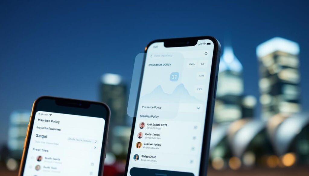 A modern, sleek mobile application interface showcasing an insurance policy management dashboard. In the foreground, a smartphone displays a clean, minimalist design with an intuitive menu, policy details, and seamless navigation. The middle ground features a transparent overlay of an insurance icon or logo, subtly hinting at the app's purpose. The background depicts a blurred city skyline, conveying a sense of efficiency and on-the-go accessibility. The lighting is soft, with a warm, inviting tone, and the overall composition emphasizes the app's user-friendly experience and the convenience of managing insurance policies from a mobile device.