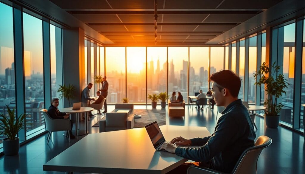 A modern, sleek neobank office with floor-to-ceiling windows overlooking a bustling city skyline. In the foreground, a young professional sits at a minimalist desk, tapping away on a sleek laptop. Surrounding them, teams of millennials collaborate on cutting-edge banking solutions, their faces illuminated by the glow of digital displays. The middle ground features an open space with modular furniture, lush greenery, and collaborative work zones. In the background, the cityscape is bathed in warm, golden-hour light, reflecting the dynamism and innovation of the neobank's operations. The overall mood is one of efficiency, technology, and a forward-thinking approach to banking.
