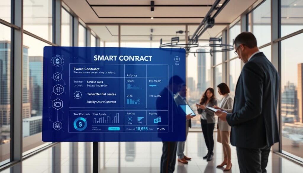 A modern, sleek office interior with large windows overlooking a city skyline. In the foreground, a digital display shows a smart contract transaction for a real estate deal, with blockchain icons and data visualizations. The middle ground features a group of professionals reviewing the contract on tablet devices, while the background showcases advanced building technologies like automated systems and Internet of Things devices. The lighting is bright and warm, conveying a sense of innovation and efficiency. The overall scene highlights the benefits of using blockchain and smart contracts to streamline real estate transactions in the year 2025. A modern, sleek office interior with large windows overlooking a city skyline. In the foreground, a digital display shows a smart contract transaction for a real estate deal, with blockchain icons and data visualizations. The middle ground features a group of professionals reviewing the contract on tablet devices, while the background showcases advanced building technologies like automated systems and Internet of Things devices. The lighting is bright and warm, conveying a sense of innovation and efficiency. The overall scene highlights the benefits of using blockchain and smart contracts to streamline real estate transactions in the year 2025.