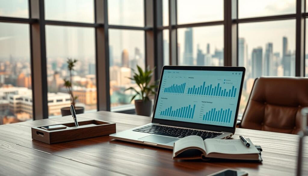 A modern, sleek office interior with large windows overlooking a vibrant cityscape. In the foreground, a stylish wooden desk with an open laptop displaying intricate financial charts and graphs generated by AI budgeting software. On the desk, a minimalist desk organizer holds a pen and a notepad with handwritten notes. The middle ground features a comfortable leather chair and a potted plant, creating a calming, professional ambiance. The background showcases the bustling city skyline, emphasizing the importance of data-driven financial insights in the modern business landscape. The lighting is a mix of natural daylight and warm, indirect lighting, capturing a sense of productivity and innovation. The overall mood is one of efficiency, clarity, and technological advancement in the realm of corporate finance.