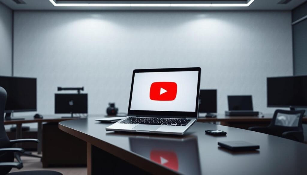 A modern, sleek office setting with a large desk and an array of digital devices. On the desk, a laptop displays the YouTube logo, open to the content policies section. Soft, directional lighting illuminates the scene, creating a professional, authoritative atmosphere. In the background, a muted pattern or texture suggests the digital landscape of online platforms. The overall composition conveys a sense of navigating the complexities of YouTube's monetization rules for AI-generated content. A modern, sleek office setting with a large desk and an array of digital devices. On the desk, a laptop displays the YouTube logo, open to the content policies section. Soft, directional lighting illuminates the scene, creating a professional, authoritative atmosphere. In the background, a muted pattern or texture suggests the digital landscape of online platforms. The overall composition conveys a sense of navigating the complexities of YouTube's monetization rules for AI-generated content.