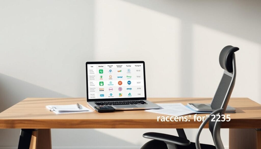 A modern, sleek office setting with a wooden desk and ergonomic chair. On the desk, a laptop displays a comparison of popular tax software programs, each with its own distinct icon or logo. Surrounding the laptop, various tax-related documents, a calculator, and a pen rest neatly. The lighting is soft and natural, creating a professional and inviting atmosphere. The background features a minimalist, neutral-toned wall, adding to the clean and organized aesthetic. The entire scene conveys a sense of efficiency and expertise, reflecting the "Best Tax Preparation Services for 2025" theme.