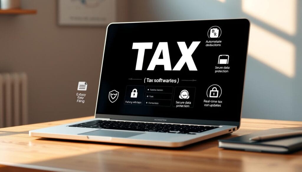 A modern, sleek tax software application displayed on a laptop screen, surrounded by icons representing its key features - easy filing, automatic deductions, secure data protection, and real-time tax updates. The scene is lit by warm, natural lighting, creating a sense of trustworthiness and reliability. The laptop is positioned on a minimalist, wood-grain desk, with a subtle gradient background suggesting a professional, yet inviting office environment. The overall composition conveys the benefits of using tax software - efficiency, accuracy, and peace of mind for the user.