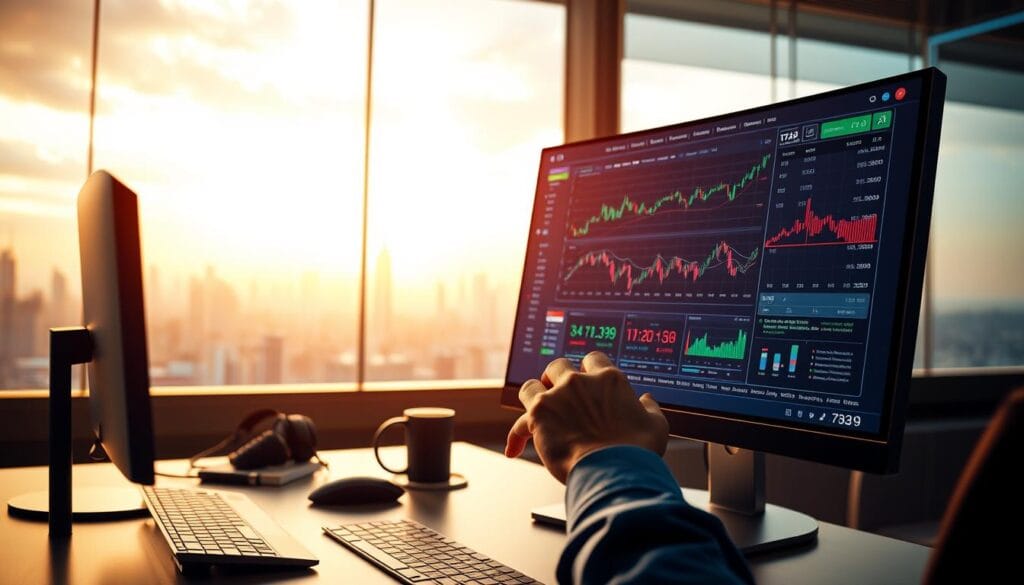 A modern, sleek trading platform displayed on a wide curved monitor, with a sophisticated user interface showcasing various financial data visualizations and trading tools. The foreground features a professional trader's hands interacting with the platform, conveying a sense of precision and control. The middle ground depicts a minimalist desk setup with a high-end computer and ergonomic accessories. The background showcases a panoramic view of a futuristic cityscape, hinting at the global reach and impact of the trading platform. The lighting is a balance of warm and cool tones, creating a sense of depth and professionalism. The overall mood is one of technological advancement, financial sophistication, and the empowerment of the modern trader.