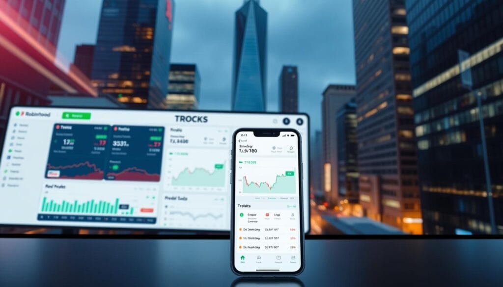 A modern, sleek trading platform with a clean, intuitive interface. In the foreground, a user-friendly dashboard displays real-time stock prices, charts, and trading tools. In the middle ground, a mobile device showcases the platform's mobile app, highlighting its accessibility and convenience. The background features a cityscape backdrop, conveying a sense of the platform's global reach and the fast-paced world of finance. The overall mood is one of simplicity, efficiency, and empowerment, reflecting Robinhood's mission to democratize investing for beginners.