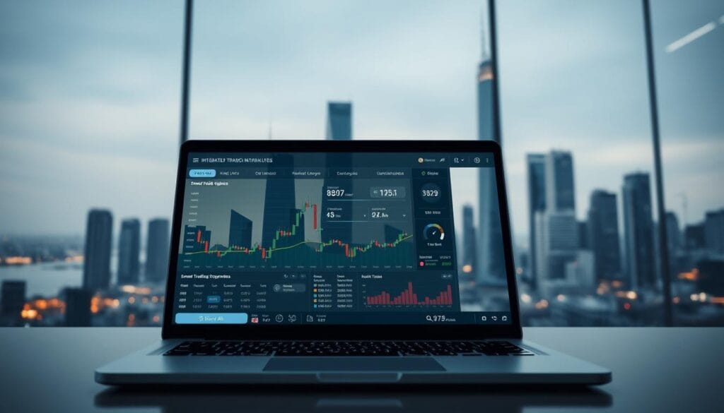 A modern, sleek trading terminal with a minimalist UI and intuitive layout. The foreground features a laptop displaying a live trading dashboard, with real-time charts, market data, and customizable trading tools. The middle ground showcases integrated AI-powered analytics, generating smart trading signals and recommendations. In the background, a serene cityscape with towering skyscrapers reflects in the laptop's screen, conveying a sense of dynamism and global connectivity. Soft, diffused lighting illuminates the scene, creating a professional, high-tech atmosphere. The overall composition evokes the seamless integration of human expertise and AI-driven insights, enabling effortless and intelligent trading. A modern, sleek trading terminal with a minimalist UI and intuitive layout. The foreground features a laptop displaying a live trading dashboard, with real-time charts, market data, and customizable trading tools. The middle ground showcases integrated AI-powered analytics, generating smart trading signals and recommendations. In the background, a serene cityscape with towering skyscrapers reflects in the laptop's screen, conveying a sense of dynamism and global connectivity. Soft, diffused lighting illuminates the scene, creating a professional, high-tech atmosphere. The overall composition evokes the seamless integration of human expertise and AI-driven insights, enabling effortless and intelligent trading.