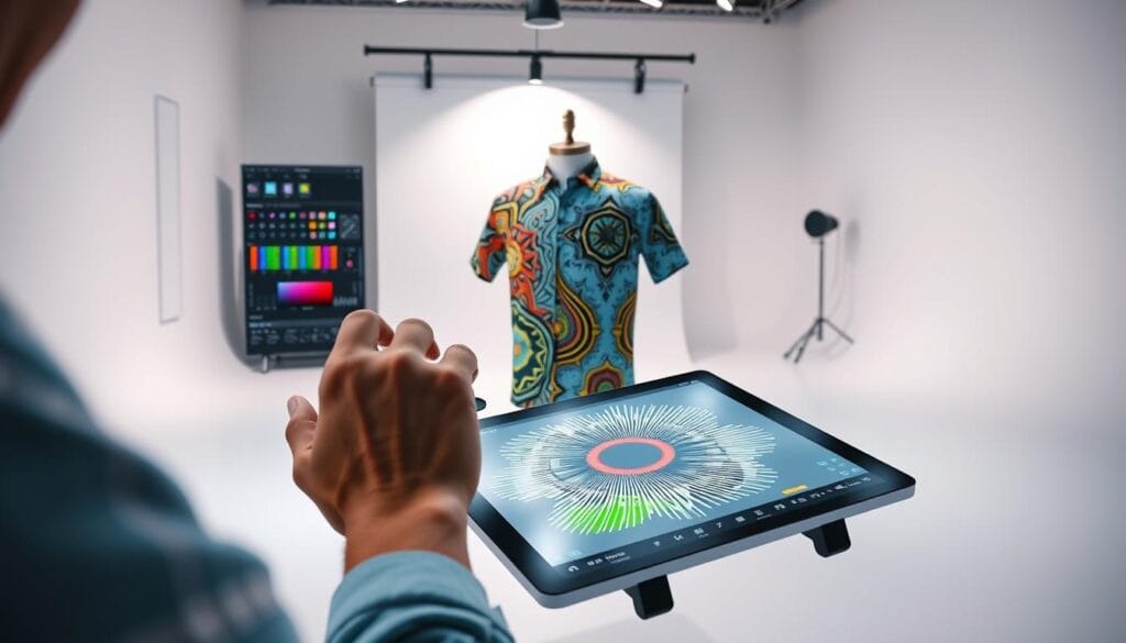 A modern, sleek workflow depicting the process of AI-generated shirt designs. In the foreground, a designer's hands manipulate digital design tools on a high-resolution tablet, experimenting with vibrant color palettes and intricate patterns. In the middle ground, a 3D model of a shirt rotates, showcasing the dynamic designs. The background features a minimalist studio setting with clean white walls and carefully placed lighting, casting soft shadows that accentuate the workflow. The overall atmosphere is one of creativity, innovation, and the seamless integration of human artistry and AI-powered design capabilities. A modern, sleek workflow depicting the process of AI-generated shirt designs. In the foreground, a designer's hands manipulate digital design tools on a high-resolution tablet, experimenting with vibrant color palettes and intricate patterns. In the middle ground, a 3D model of a shirt rotates, showcasing the dynamic designs. The background features a minimalist studio setting with clean white walls and carefully placed lighting, casting soft shadows that accentuate the workflow. The overall atmosphere is one of creativity, innovation, and the seamless integration of human artistry and AI-powered design capabilities.