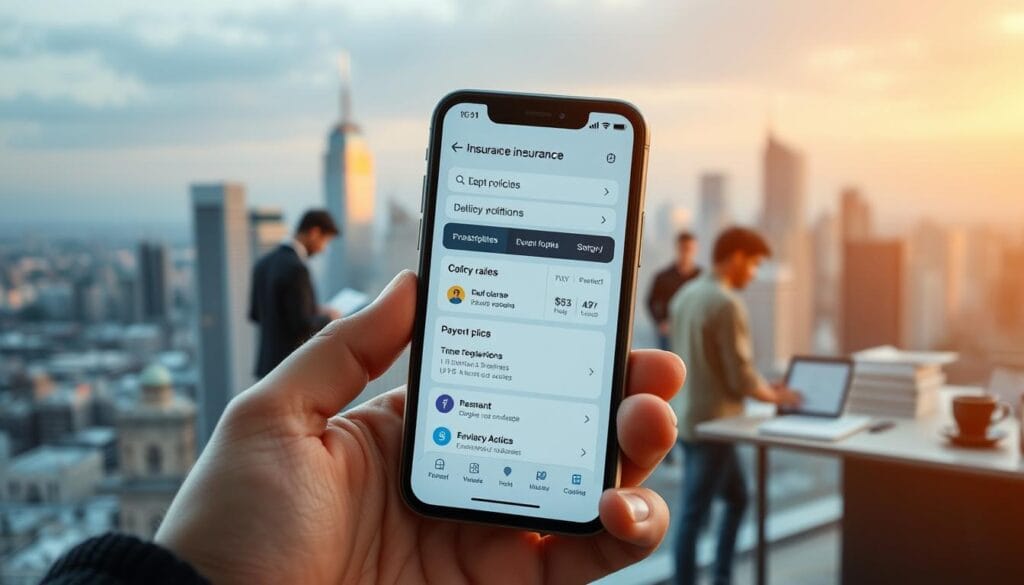 A modern smartphone screen displaying a sleek insurance app interface. In the foreground, a user navigates through various policy options, coverage details, and payment flows. The middle ground features development teams collaborating on coding, designing, and testing the app. In the background, a cityscape with skyscrapers symbolizes the broader insurance industry. The lighting is soft and warm, creating a professional and trustworthy atmosphere. The camera angle is slightly elevated, giving an overview of the insurance app development process.