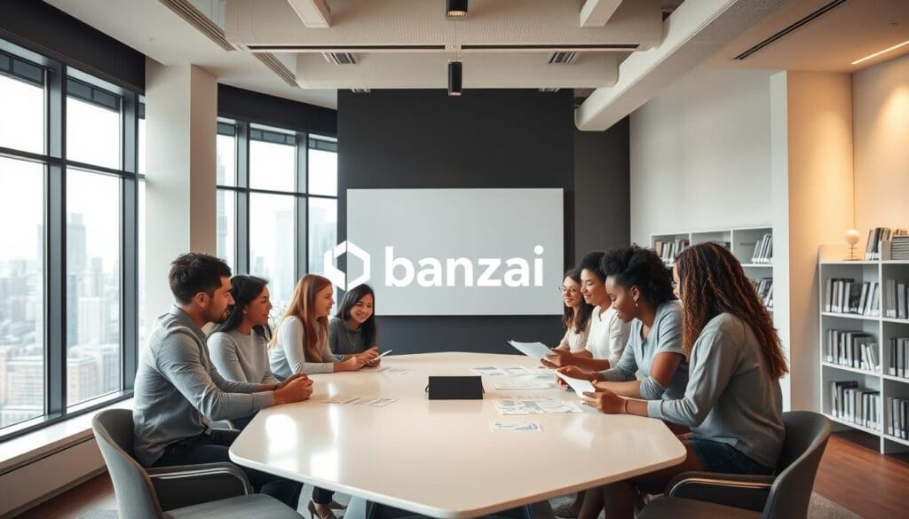 A modern, stylish office interior with large windows overlooking a vibrant city skyline. In the foreground, a group of diverse young adults engaged in a financial education program, discussing charts and documents on a sleek, minimalist conference table. Soft, warm lighting accentuates the contemporary design, while a serene, focused atmosphere pervades the space. The middle ground features a prominently displayed Banzai logo, suggesting this is a session hosted by the leading financial literacy platform. In the background, shelves of financial books and educational materials create a sense of professionalism and expertise. The overall scene conveys an inspiring, empowering environment for learning about personal finance.
