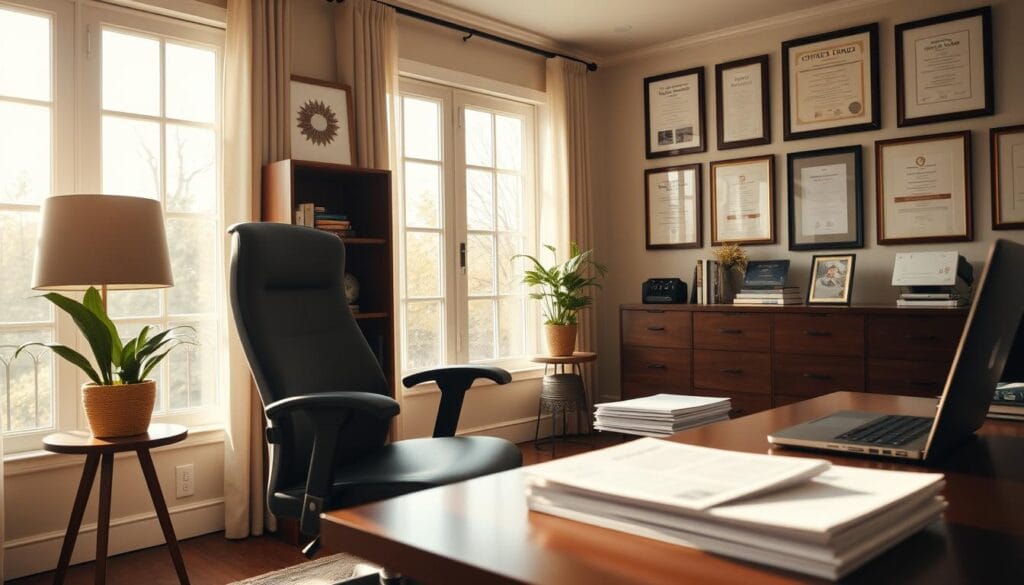 A modern, well-appointed home office with a comfortable, ergonomic chair and a neatly organized desk. The room is filled with warm, natural lighting from large windows, creating a serene and professional atmosphere. On the desk, there is a stack of documents and a laptop, symbolizing the careful planning and research involved in long-term care insurance. Framed certificates and diplomas on the walls suggest the expertise and trustworthiness of the financial advisor. The overall composition conveys a sense of security, wisdom, and preparation for the future.