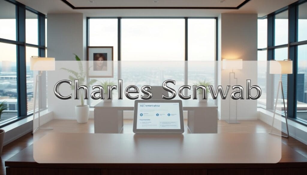A modern, well-designed Charles Schwab 401(k) logo within a serene, minimalist office setting. The logo is prominently displayed in the foreground, rendered in a sleek, metallic font against a clean, white background. The middle ground features a wooden desk with a tablet displaying personalized investment advice, surrounded by elegant office decor - potted plants, framed artwork, and soft lighting from floor lamps. The background showcases large windows overlooking a tranquil cityscape, conveying a sense of professionalism, expertise, and investor-friendly guidance.
