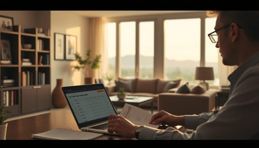 A modern, well-lit home with a cozy, inviting atmosphere. In the foreground, a person sits at a desk, carefully examining documents and comparing interest rates on a laptop screen. Bookshelves and framed artwork adorn the walls, creating a sense of professionalism and thoughtfulness. The mid-ground features a warm, soft-focus living room with plush furniture, suggesting the comforts of home. The background showcases a picturesque view through large windows, hinting at the potential financial benefits of a well-chosen home equity loan. Subtle, muted colors and soft lighting evoke a sense of tranquility and deliberation, guiding the viewer to focus on the decision-making process. A modern, well-lit home with a cozy, inviting atmosphere. In the foreground, a person sits at a desk, carefully examining documents and comparing interest rates on a laptop screen. Bookshelves and framed artwork adorn the walls, creating a sense of professionalism and thoughtfulness. The mid-ground features a warm, soft-focus living room with plush furniture, suggesting the comforts of home. The background showcases a picturesque view through large windows, hinting at the potential financial benefits of a well-chosen home equity loan. Subtle, muted colors and soft lighting evoke a sense of tranquility and deliberation, guiding the viewer to focus on the decision-making process.