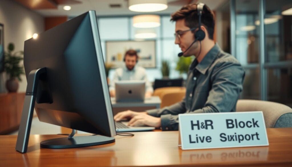 A modern, well-lit office interior with a comfortable customer service desk in the foreground. The desk features a sleek computer monitor, a high-quality headset, and a nameplate that reads "H&R Block Live Support". In the middle ground, an attentive customer service agent is visible, providing personalized assistance to a taxpayer. The background showcases a warm, inviting color palette with tasteful decor elements, conveying a sense of professionalism and trustworthiness. The overall scene is captured with a shallow depth of field, drawing the viewer's attention to the live support experience.