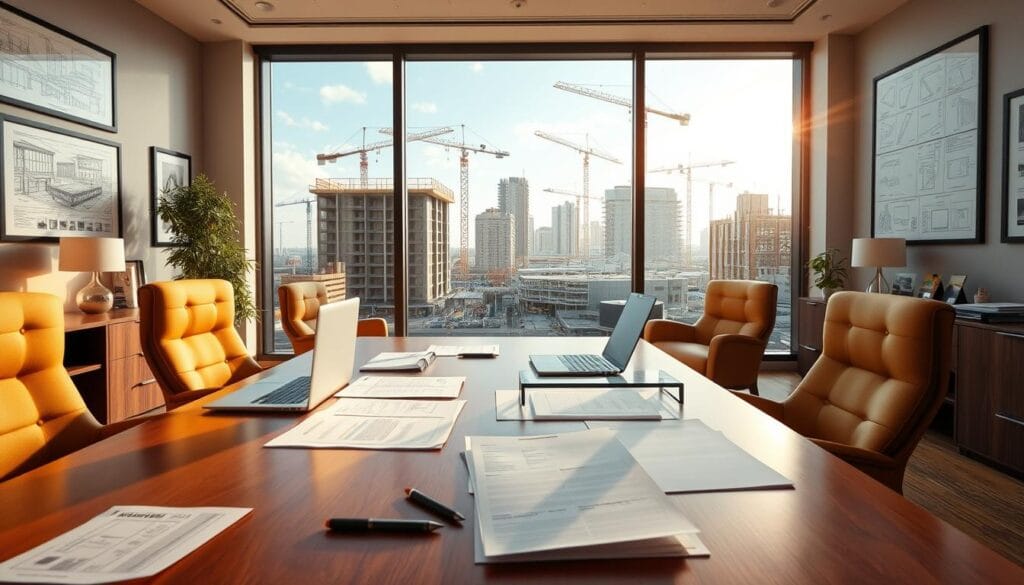 A modern, well-lit office interior with a large wooden desk and comfortable chairs. On the desk, there are various documents, a laptop, and a pen. The walls are adorned with framed architectural blueprints and engineering diagrams, suggesting a professional setting. In the background, a large window offers a view of a bustling construction site, cranes, and partially completed buildings, reflecting the focus on the construction loan process. The lighting is warm and inviting, creating a sense of productivity and collaboration. The overall atmosphere conveys a sense of expertise, attention to detail, and a commitment to guiding the client through the construction loan journey. A modern, well-lit office interior with a large wooden desk and comfortable chairs. On the desk, there are various documents, a laptop, and a pen. The walls are adorned with framed architectural blueprints and engineering diagrams, suggesting a professional setting. In the background, a large window offers a view of a bustling construction site, cranes, and partially completed buildings, reflecting the focus on the construction loan process. The lighting is warm and inviting, creating a sense of productivity and collaboration. The overall atmosphere conveys a sense of expertise, attention to detail, and a commitment to guiding the client through the construction loan journey.
