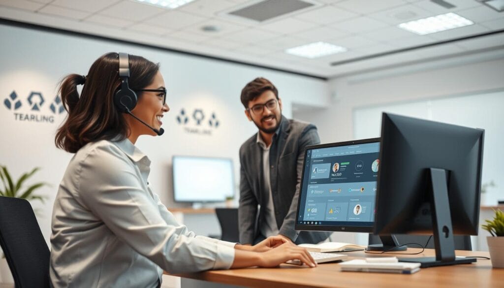 A modern, well-lit office setting with a desk, computer, and a customer service representative assisting a client. The foreground features the representative, dressed professionally, with a warm, welcoming expression, guiding the client through the platform's features on the computer screen. The middle ground shows the client, attentively listening and engaged. The background depicts a clean, minimalist office space with subtle branding elements, suggesting a reputable, trustworthy platform. The lighting is soft and even, creating a pleasant, productive atmosphere. The composition emphasizes the collaborative nature of the customer support experience, inviting the viewer to envision the educational resources available to platform users. A modern, well-lit office setting with a desk, computer, and a customer service representative assisting a client. The foreground features the representative, dressed professionally, with a warm, welcoming expression, guiding the client through the platform's features on the computer screen. The middle ground shows the client, attentively listening and engaged. The background depicts a clean, minimalist office space with subtle branding elements, suggesting a reputable, trustworthy platform. The lighting is soft and even, creating a pleasant, productive atmosphere. The composition emphasizes the collaborative nature of the customer support experience, inviting the viewer to envision the educational resources available to platform users.