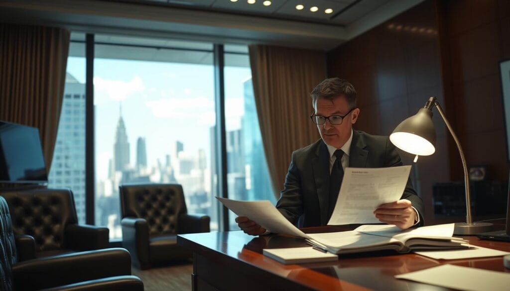 A modern, well-lit office setting with a mahogany desk and leather armchairs. On the desk, several financial documents, a laptop, and a lamp casting a warm glow. In the foreground, a person in a suit examining documents, contemplating their options. Through the large windows behind them, a cityscape with skyscrapers and a hint of blue sky, conveying a sense of gravitas and financial significance. The lighting is balanced, creating depth and highlighting the decision-making process. The overall mood is one of careful consideration and the weight of choosing the right financial structure for the future.