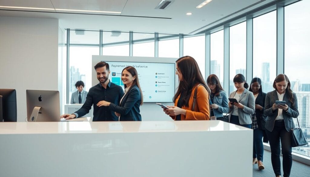 A modern, well-lit office space with sleek, minimalist design. In the foreground, a customer service desk with a friendly representative assisting a customer, their expressions conveying a positive, efficient interaction. Behind them, a large touchscreen display showcases a simple, intuitive self-service portal, its interface clean and easy to navigate. The middle ground features a line of customers waiting their turn, each engrossed in their own tablet or smartphone, seamlessly accessing the self-service system. In the background, floor-to-ceiling windows offer a view of a bustling city skyline, reflecting the digital-first, customer-centric ethos of the experience. A modern, well-lit office space with sleek, minimalist design. In the foreground, a customer service desk with a friendly representative assisting a customer, their expressions conveying a positive, efficient interaction. Behind them, a large touchscreen display showcases a simple, intuitive self-service portal, its interface clean and easy to navigate. The middle ground features a line of customers waiting their turn, each engrossed in their own tablet or smartphone, seamlessly accessing the self-service system. In the background, floor-to-ceiling windows offer a view of a bustling city skyline, reflecting the digital-first, customer-centric ethos of the experience.