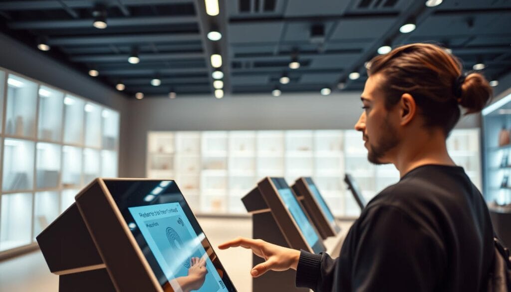 A modern, well-lit retail environment with a sleek, minimalist aesthetic. In the foreground, a customer stands before a touch-enabled payment terminal, their hand hovering above it as they initiate a biometric payment process. The customer's face is in focus, conveying a sense of ease and security. In the middle ground, additional payment terminals are arranged in an orderly fashion, indicating a streamlined transaction experience. The background features clean, geometric shelving or displays, lending an air of sophistication and technological advancement to the scene. Soft, directional lighting illuminates the space, creating a welcoming and efficient atmosphere for secure, convenient transactions.