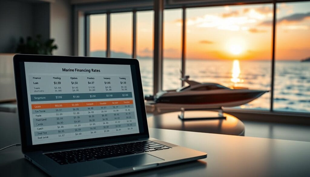 A modern workspace with a sleek, minimalist aesthetic. In the foreground, a laptop displays a finance application with a detailed breakdown of marine financing rates, showcasing various loan options and corresponding interest rates. The middle ground features a meticulously crafted model of a sleek, high-performance motorboat, its gleaming exterior catching the warm, natural light filtering in from large windows. In the background, a serene coastal landscape with gently lapping waves and a picturesque sunset casts a tranquil, inspirational atmosphere, hinting at the adventurous possibilities of boat ownership. The overall mood is one of professionalism, financial planning, and the allure of marine exploration. A modern workspace with a sleek, minimalist aesthetic. In the foreground, a laptop displays a finance application with a detailed breakdown of marine financing rates, showcasing various loan options and corresponding interest rates. The middle ground features a meticulously crafted model of a sleek, high-performance motorboat, its gleaming exterior catching the warm, natural light filtering in from large windows. In the background, a serene coastal landscape with gently lapping waves and a picturesque sunset casts a tranquil, inspirational atmosphere, hinting at the adventurous possibilities of boat ownership. The overall mood is one of professionalism, financial planning, and the allure of marine exploration.