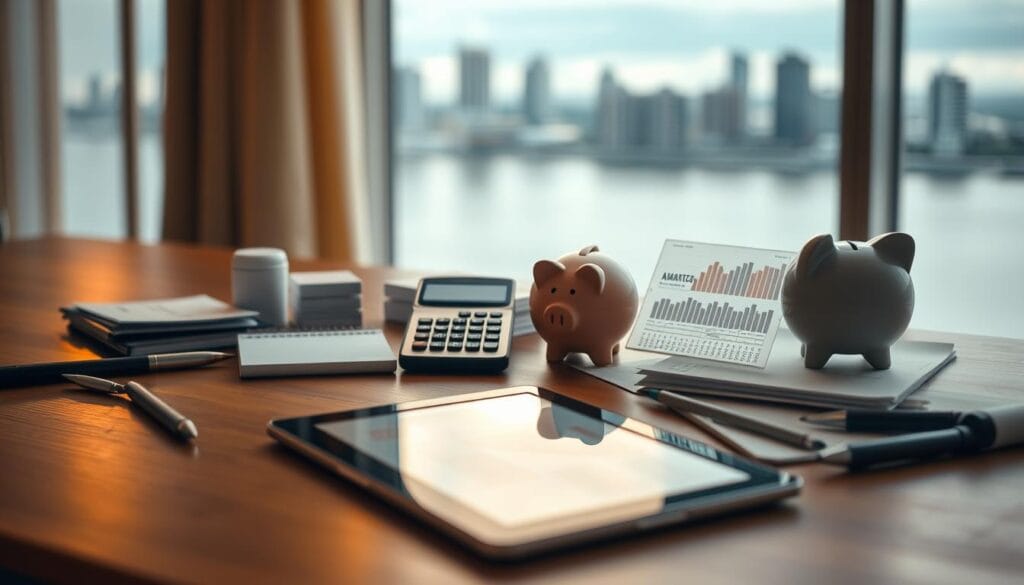 A neatly arranged display of essential retirement planning tools, bathed in warm, inviting lighting. In the foreground, a sleek tablet displaying financial graphs and charts, its screen reflecting the user's thoughtful expression. In the middle ground, a range of physical tools such as a calculator, a piggy bank, and retirement account documents, meticulously organized on a minimalist wooden desk. The background features a serene, blurred cityscape, symbolizing the long-term goals and financial security that these tools can help achieve. The overall atmosphere conveys a sense of thoughtful planning, control, and a vision for a prosperous retirement.