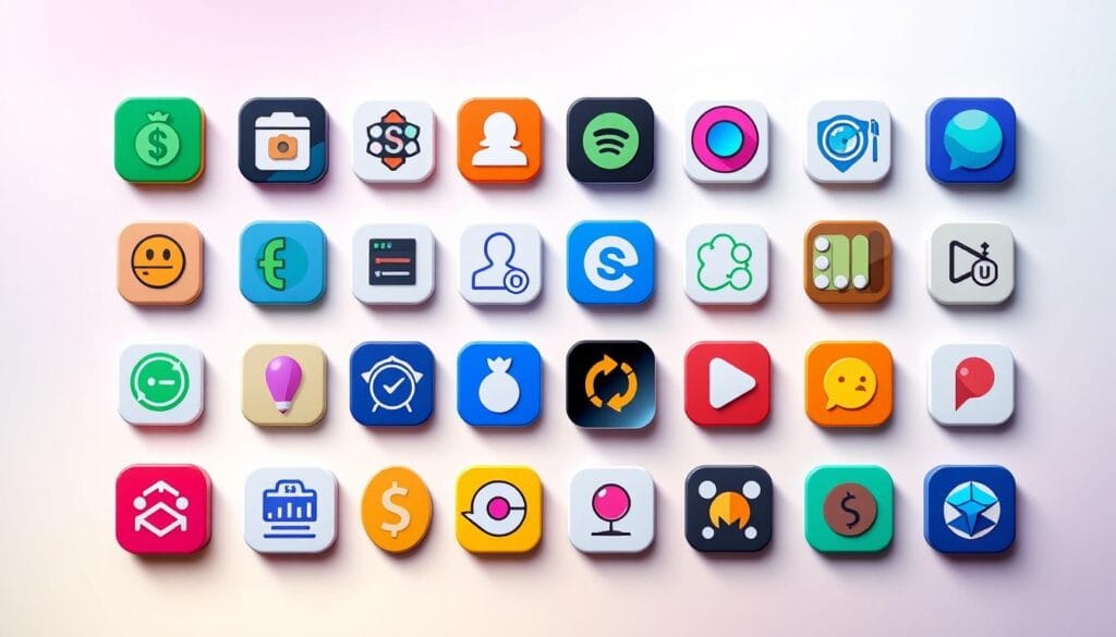 A neatly arranged grid of modern, sleek mobile app icons representing the top subscription management apps for 2024. The icons are sharply rendered with clean lines and vibrant colors, showcasing a diverse range of app categories such as finance, productivity, entertainment, and lifestyle. The background is a soft, blurred gradient in complementary hues, creating a sense of depth and emphasis on the app icons. Subtle shadows and highlights give the icons a three-dimensional, tactile quality. The overall composition is balanced, visually appealing, and conveys a sense of organization and efficiency, reflecting the theme of the article section.