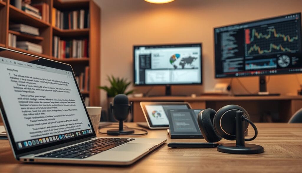 A neatly arranged workspace with various AI-powered writing and transcription tools. In the foreground, a sleek laptop displays a text editor with intelligent auto-complete suggestions. Nearby, a high-quality microphone and headphones sit ready for voice-to-text transcription. The middle ground features a tablet with a stylus, allowing for seamless note-taking and digital ink. In the background, a bookshelf holds reference materials and research documents, while a large monitor displays visualizations of data insights. Warm, indirect lighting casts a productive glow over the scene, creating an atmosphere of focused creativity and technological empowerment. A neatly arranged workspace with various AI-powered writing and transcription tools. In the foreground, a sleek laptop displays a text editor with intelligent auto-complete suggestions. Nearby, a high-quality microphone and headphones sit ready for voice-to-text transcription. The middle ground features a tablet with a stylus, allowing for seamless note-taking and digital ink. In the background, a bookshelf holds reference materials and research documents, while a large monitor displays visualizations of data insights. Warm, indirect lighting casts a productive glow over the scene, creating an atmosphere of focused creativity and technological empowerment.