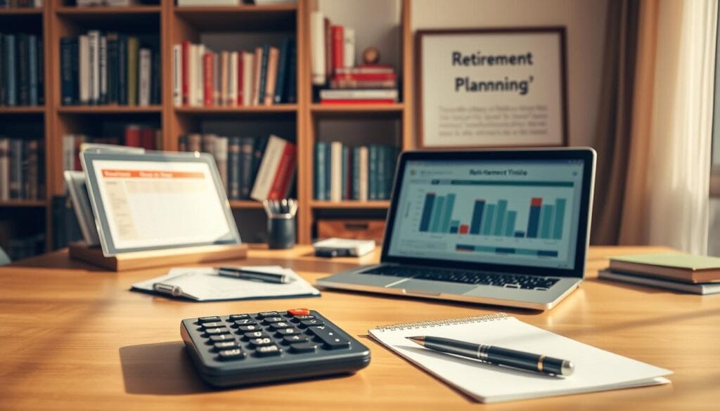 A neatly organized desk, adorned with a selection of financial planning tools. In the foreground, a sleek calculator, pen, and notepad sit atop a clean, wooden surface, bathed in warm, natural lighting. In the middle ground, a laptop displays a spreadsheet, charts, and graphs, reflecting the complexities of retirement planning. In the background, a bookshelf filled with financial planning guides and a framed retirement timeline chart, conveying a sense of diligence and preparation. The overall atmosphere is one of thoughtful organization, careful consideration, and a focus on securing a prosperous future.
