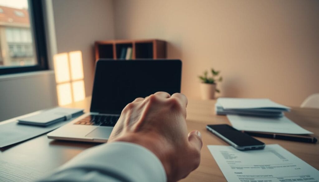 A neatly organized office desk with a laptop, smartphone, and paperwork, bathed in warm, natural lighting from a nearby window. In the foreground, a hand hovers over a touchpad, ready to navigate an online payment portal. The background features a simple, clean-lined interior with minimal distractions, conveying a sense of efficiency and professionalism. The overall mood is one of focused productivity, inviting the viewer to imagine themselves efficiently managing their financial obligations through a seamless digital experience.