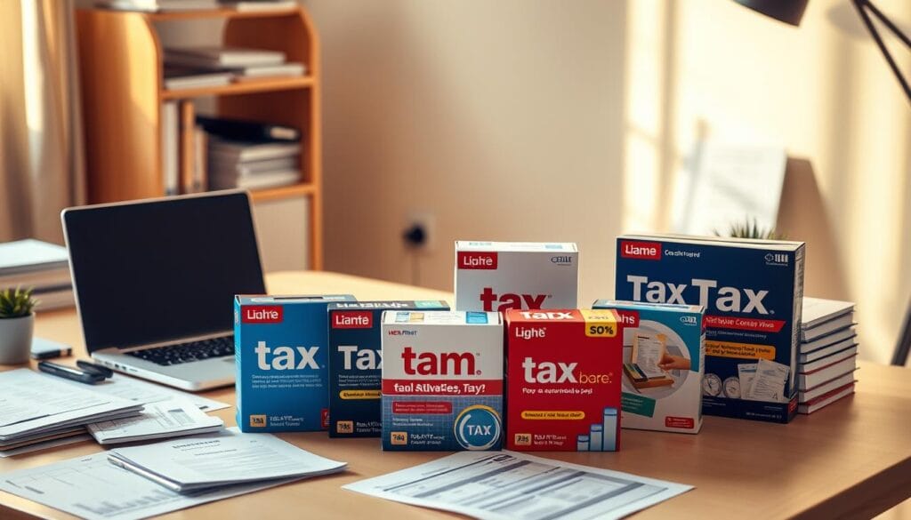 A neatly organized office desk with a laptop, various tax-related documents, and a selection of popular tax software packages prominently displayed. The scene is bathed in warm, diffused lighting, creating a cozy and focused atmosphere. The tax software boxes are arranged in a visually appealing layout, showcasing their distinct branding and key features. The overall composition emphasizes the decision-making process involved in choosing the right tax preparation tool, inviting the viewer to explore the options and make an informed choice.