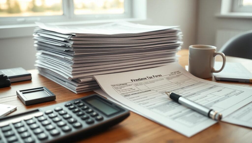 A neatly organized stack of tax forms and documents on a wooden desk, illuminated by soft natural lighting from a window. In the foreground, various tax-related items such as a calculator, pen, and coffee mug create a sense of a hardworking freelancer's workspace. The middle ground features the tax forms themselves, with clear headings and fields indicating their specialized nature for freelance tax filing. The background showcases a minimalist office environment, hinting at the focused, professional atmosphere needed to tackle freelance taxes. A neatly organized stack of tax forms and documents on a wooden desk, illuminated by soft natural lighting from a window. In the foreground, various tax-related items such as a calculator, pen, and coffee mug create a sense of a hardworking freelancer's workspace. The middle ground features the tax forms themselves, with clear headings and fields indicating their specialized nature for freelance tax filing. The background showcases a minimalist office environment, hinting at the focused, professional atmosphere needed to tackle freelance taxes.