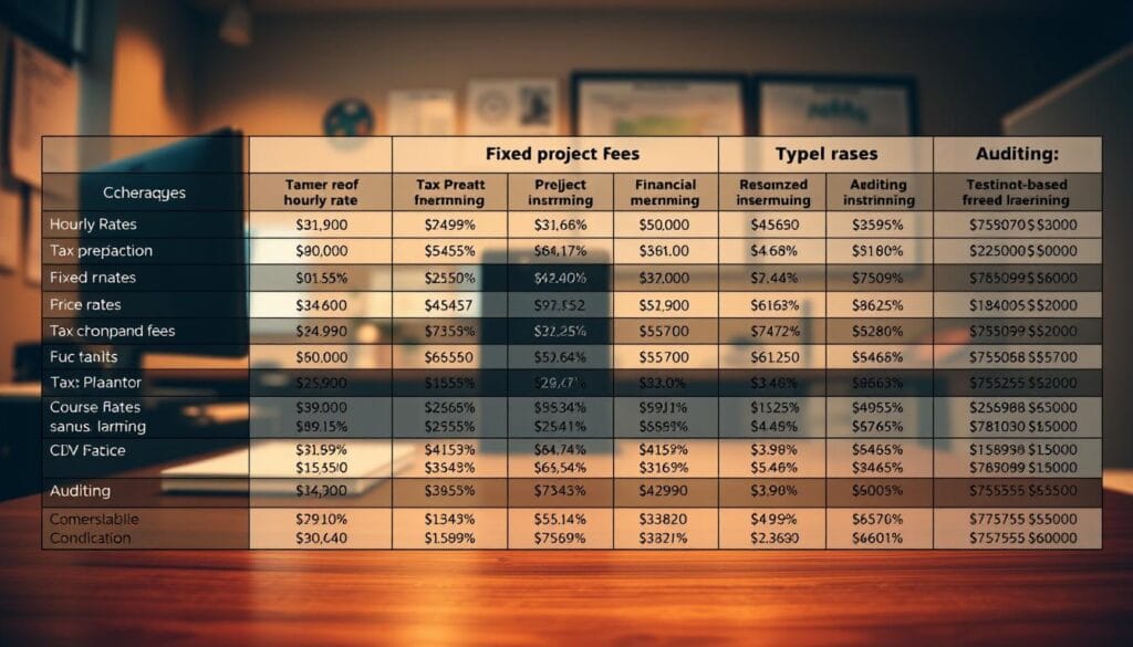 A neatly organized table depicting the intricate fee structures of CPA services. The foreground showcases a breakdown of typical charges, including hourly rates, fixed project fees, and retainer-based pricing. The middle ground highlights various service offerings such as tax preparation, financial planning, and auditing, each with their corresponding fee structures. The background subtly features an office setting, with a desk, computer, and financial documents, conveying a professional, analytical atmosphere. The lighting is soft and warm, creating a sense of clarity and transparency around the CPA fee information. The overall composition is visually appealing and designed to effectively communicate the complexities of CPA fee structures to the reader. A neatly organized table depicting the intricate fee structures of CPA services. The foreground showcases a breakdown of typical charges, including hourly rates, fixed project fees, and retainer-based pricing. The middle ground highlights various service offerings such as tax preparation, financial planning, and auditing, each with their corresponding fee structures. The background subtly features an office setting, with a desk, computer, and financial documents, conveying a professional, analytical atmosphere. The lighting is soft and warm, creating a sense of clarity and transparency around the CPA fee information. The overall composition is visually appealing and designed to effectively communicate the complexities of CPA fee structures to the reader.