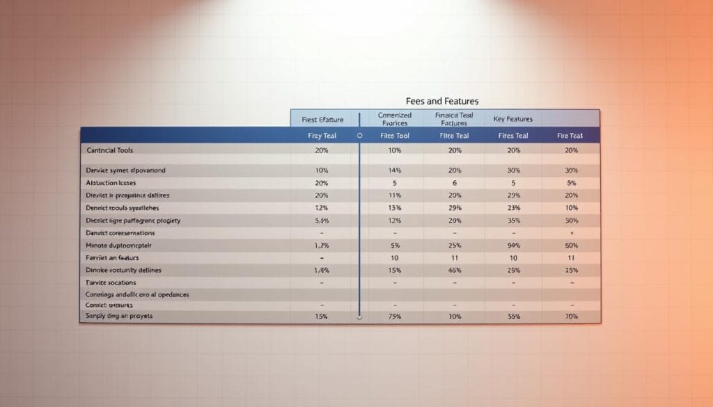A neatly organized table showcasing a side-by-side comparison of various financial tools, their fees, and key features. The table is set against a clean, minimalist background with a subtle grid pattern, providing a sense of structure and organization. The table itself is rendered in a crisp, high-resolution format, allowing the viewer to clearly see the details of each tool, including icons, percentages, and numerical values. The overall mood is one of efficiency, professionalism, and clear decision-making, perfectly suited for the "Comparing Fees and Features" section of the article. A neatly organized table showcasing a side-by-side comparison of various financial tools, their fees, and key features. The table is set against a clean, minimalist background with a subtle grid pattern, providing a sense of structure and organization. The table itself is rendered in a crisp, high-resolution format, allowing the viewer to clearly see the details of each tool, including icons, percentages, and numerical values. The overall mood is one of efficiency, professionalism, and clear decision-making, perfectly suited for the "Comparing Fees and Features" section of the article.