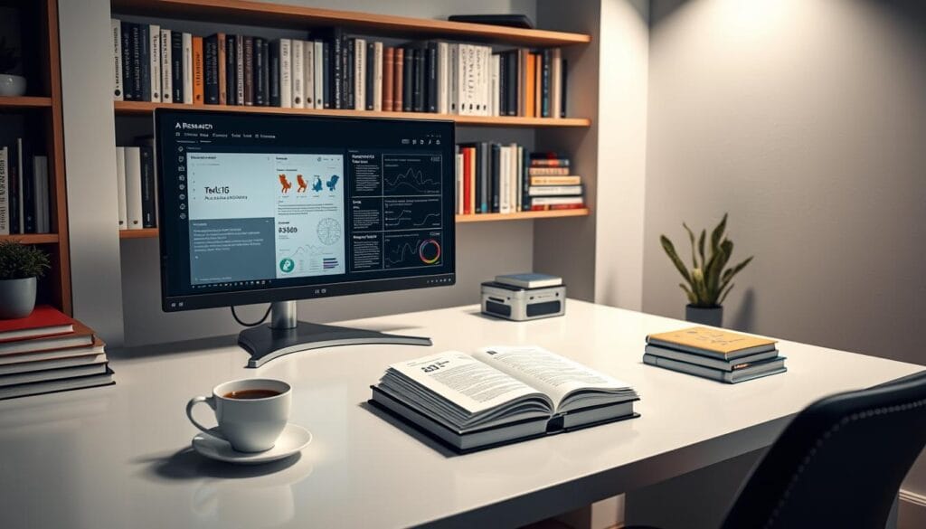 A neatly organized workspace with a sleek, minimalist desk showcasing an open laptop, a stack of reference books, and a cup of freshly brewed coffee. A large monitor displays research sources and data visualizations, illuminated by soft, directional lighting from above. In the background, a wall-mounted bookshelf showcases a curated collection of volumes on AI, machine learning, and technology. The overall atmosphere conveys a sense of intellectual focus, productivity, and a dedication to thorough research and investigation. A neatly organized workspace with a sleek, minimalist desk showcasing an open laptop, a stack of reference books, and a cup of freshly brewed coffee. A large monitor displays research sources and data visualizations, illuminated by soft, directional lighting from above. In the background, a wall-mounted bookshelf showcases a curated collection of volumes on AI, machine learning, and technology. The overall atmosphere conveys a sense of intellectual focus, productivity, and a dedication to thorough research and investigation.