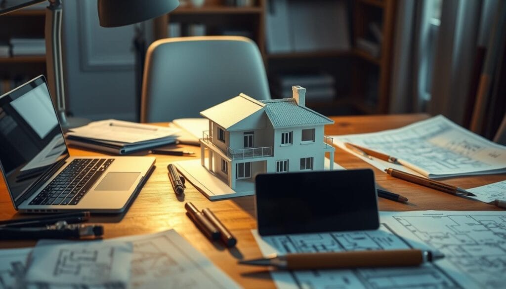 A neatly organized workstation with architectural plans, a laptop, and various tools and materials laid out. The lighting is a warm, natural glow, casting subtle shadows that emphasize the textures of the wooden desk and the precision of the drafting equipment. In the middle ground, a 3D model of a residential building takes shape, reflecting the renovation project at hand. The background is blurred, hinting at a cozy home office setting, ready to bring the homeowner's vision to life through meticulous planning and careful consideration. A neatly organized workstation with architectural plans, a laptop, and various tools and materials laid out. The lighting is a warm, natural glow, casting subtle shadows that emphasize the textures of the wooden desk and the precision of the drafting equipment. In the middle ground, a 3D model of a residential building takes shape, reflecting the renovation project at hand. The background is blurred, hinting at a cozy home office setting, ready to bring the homeowner's vision to life through meticulous planning and careful consideration.