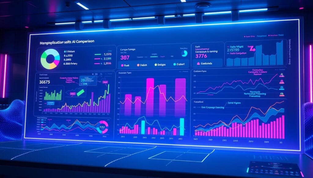 A neon-lit, futuristic data visualization dashboard displays a comprehensive salary comparison for various AI specializations. Vibrant charts and graphs illuminate the landscape, showcasing the relative earning potential of machine learning, computer vision, natural language processing, and other cutting-edge AI fields. The sleek, minimalist interface is bathed in a cool, ambient glow, creating a sense of technological sophistication. Intricate data points and animated visualizations dance across the screen, inviting the viewer to explore the nuances of AI compensation. The overall atmosphere conveys a sense of precision, innovation, and the high-stakes world of AI employment. A neon-lit, futuristic data visualization dashboard displays a comprehensive salary comparison for various AI specializations. Vibrant charts and graphs illuminate the landscape, showcasing the relative earning potential of machine learning, computer vision, natural language processing, and other cutting-edge AI fields. The sleek, minimalist interface is bathed in a cool, ambient glow, creating a sense of technological sophistication. Intricate data points and animated visualizations dance across the screen, inviting the viewer to explore the nuances of AI compensation. The overall atmosphere conveys a sense of precision, innovation, and the high-stakes world of AI employment.