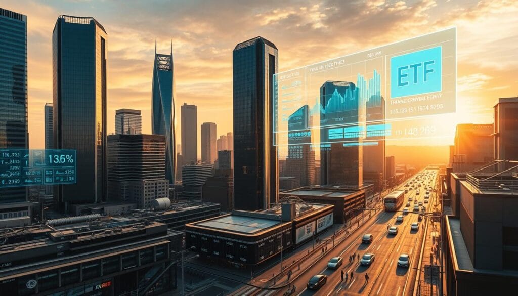 A panoramic image of a futuristic cityscape, with skyscrapers and modern architecture in shades of steel, glass, and concrete. In the foreground, a series of holographic displays showcase various ETF tickers and performance charts, conveying a sense of financial growth and innovation. The middle ground features a bustling financial district, with pedestrians hurrying along the sidewalks and autonomous vehicles navigating the streets. The background is a vibrant sky, with a warm, golden hue that suggests an optimistic and prosperous future. The overall scene is bathed in a soft, diffused lighting that creates a sense of depth and atmosphere, reflecting the themes of long-term growth and wise investment. A panoramic image of a futuristic cityscape, with skyscrapers and modern architecture in shades of steel, glass, and concrete. In the foreground, a series of holographic displays showcase various ETF tickers and performance charts, conveying a sense of financial growth and innovation. The middle ground features a bustling financial district, with pedestrians hurrying along the sidewalks and autonomous vehicles navigating the streets. The background is a vibrant sky, with a warm, golden hue that suggests an optimistic and prosperous future. The overall scene is bathed in a soft, diffused lighting that creates a sense of depth and atmosphere, reflecting the themes of long-term growth and wise investment.