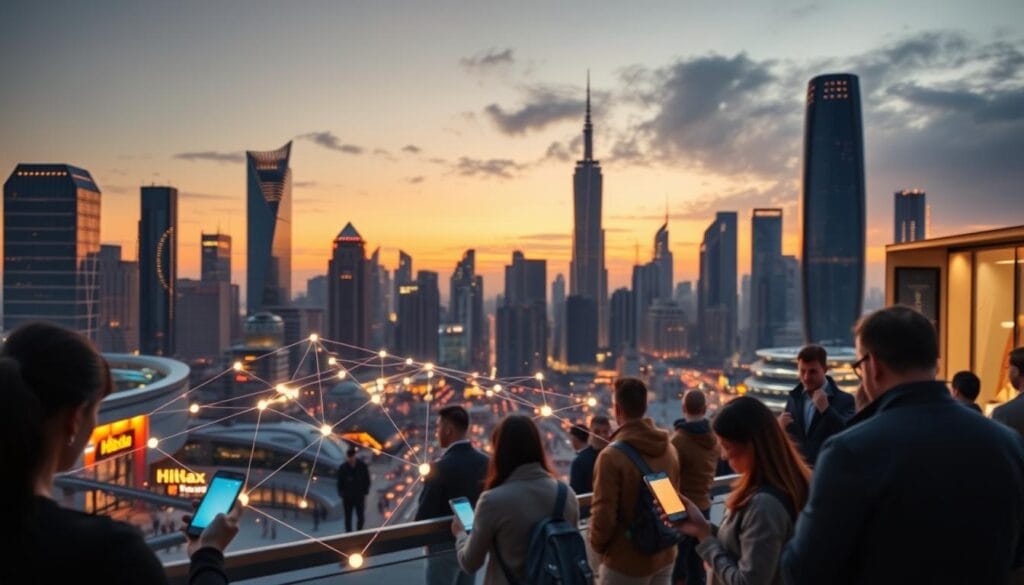A panoramic view of a bustling cityscape at dusk, with towering skyscrapers and futuristic architecture illuminated by a warm, golden glow. In the foreground, people are using their smartphones to make contactless payments at various retail outlets, their movements captured in a blur of activity. The middle ground features a network of virtual connections and data flows, visualized as glowing lines and pulsing nodes, representing the underlying infrastructure of proximity-based payment systems. In the background, a world map fades in, highlighting the global reach and interconnectivity of these emerging financial technologies. A panoramic view of a bustling cityscape at dusk, with towering skyscrapers and futuristic architecture illuminated by a warm, golden glow. In the foreground, people are using their smartphones to make contactless payments at various retail outlets, their movements captured in a blur of activity. The middle ground features a network of virtual connections and data flows, visualized as glowing lines and pulsing nodes, representing the underlying infrastructure of proximity-based payment systems. In the background, a world map fades in, highlighting the global reach and interconnectivity of these emerging financial technologies.