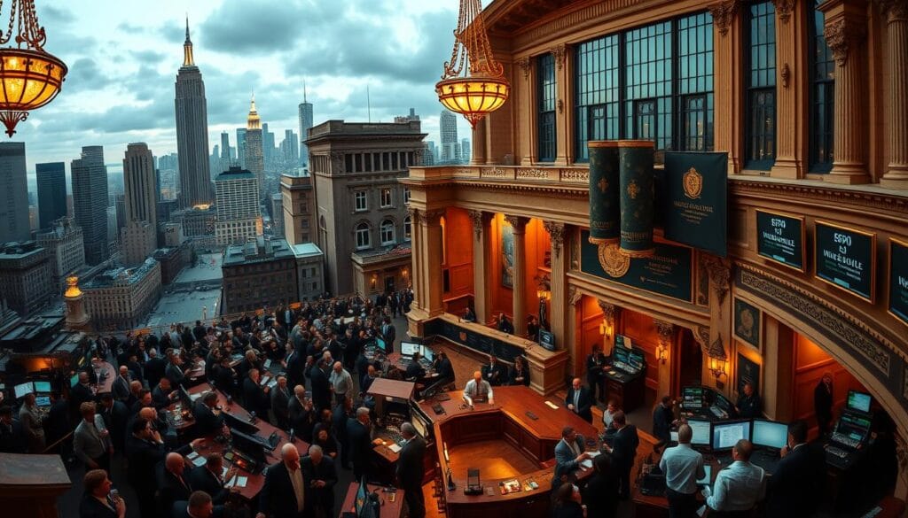 A panoramic view of a bustling historical stock exchange, with a towering neo-classical facade and ornate architectural details. The foreground features a lively crowd of traders, brokers, and investors engaged in animated discussions and transactions, their faces etched with determination and excitement. The mid-ground showcases a large, ornate trading floor with tiered seating, electronic displays, and a central podium, all bathed in warm, golden lighting from overhead chandeliers. In the background, a sweeping view of the city skyline, with skyscrapers and landmarks that evoke a sense of timeless financial power and influence. The overall mood is one of historic grandeur, with a subtle undercurrent of the high-stakes drama that has unfolded within these walls over the decades. A panoramic view of a bustling historical stock exchange, with a towering neo-classical facade and ornate architectural details. The foreground features a lively crowd of traders, brokers, and investors engaged in animated discussions and transactions, their faces etched with determination and excitement. The mid-ground showcases a large, ornate trading floor with tiered seating, electronic displays, and a central podium, all bathed in warm, golden lighting from overhead chandeliers. In the background, a sweeping view of the city skyline, with skyscrapers and landmarks that evoke a sense of timeless financial power and influence. The overall mood is one of historic grandeur, with a subtle undercurrent of the high-stakes drama that has unfolded within these walls over the decades.