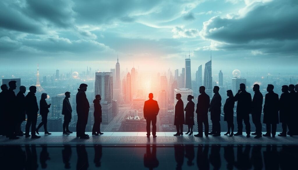 A panoramic view of a historical timeline showcasing the key milestones in the evolution of Artificial Intelligence. In the foreground, a series of iconic AI breakthroughs are depicted, including the Turing test, the development of expert systems, and the emergence of deep learning. The middle ground features silhouetted figures representing the pioneers and visionaries who drove these advancements, their faces obscured to emphasize the collective nature of the AI journey. The background is a sweeping landscape of futuristic cityscapes, data centers, and scientific laboratories, hinting at the far-reaching impact of AI on society. The scene is bathed in a cool, metallic color palette, evoking the clinical precision and technological sophistication of the field. The overall atmosphere is one of progress, innovation, and the relentless march of human ingenuity. A panoramic view of a historical timeline showcasing the key milestones in the evolution of Artificial Intelligence. In the foreground, a series of iconic AI breakthroughs are depicted, including the Turing test, the development of expert systems, and the emergence of deep learning. The middle ground features silhouetted figures representing the pioneers and visionaries who drove these advancements, their faces obscured to emphasize the collective nature of the AI journey. The background is a sweeping landscape of futuristic cityscapes, data centers, and scientific laboratories, hinting at the far-reaching impact of AI on society. The scene is bathed in a cool, metallic color palette, evoking the clinical precision and technological sophistication of the field. The overall atmosphere is one of progress, innovation, and the relentless march of human ingenuity.