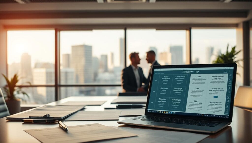 A panoramic view of a modern office workspace, with a large desk in the foreground featuring various mortgage-related documents, pens, and a laptop display showcasing different types of mortgages. In the middle ground, financial advisors are engaged in discussion, their faces partially obscured, while the background features a window overlooking a bustling city skyline bathed in warm, natural lighting. The overall atmosphere conveys a sense of professionalism, expertise, and a focus on guiding clients through the complexities of mortgage options.