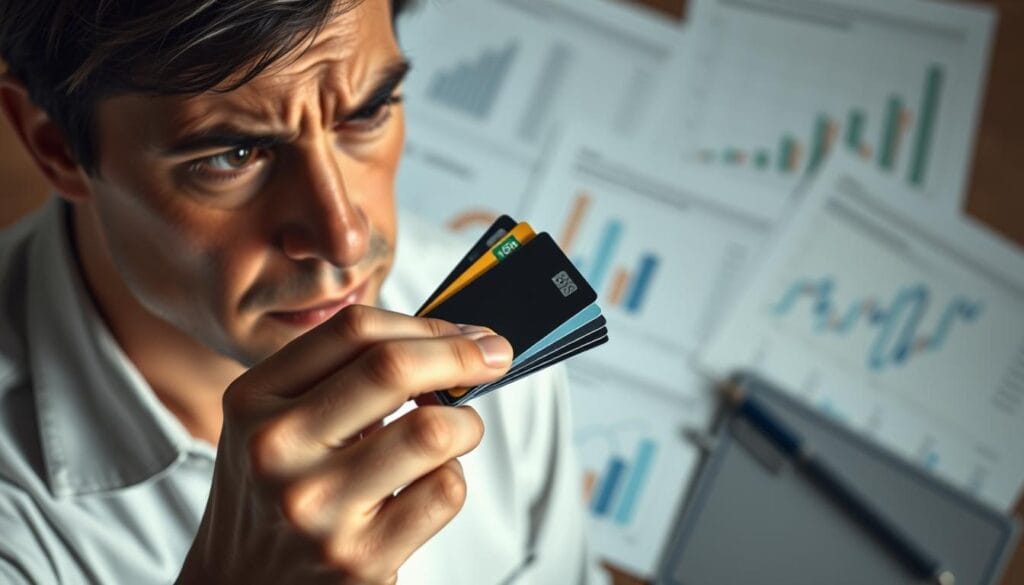 A person holding a small stack of credit cards, with a concerned expression on their face, set against a blurred background of financial documents and graphs. Soft, neutral lighting illuminates the scene, creating a pensive, contemplative mood. The image conveys the challenges of establishing a solid credit history, a key factor in securing favorable personal loan rates. A person holding a small stack of credit cards, with a concerned expression on their face, set against a blurred background of financial documents and graphs. Soft, neutral lighting illuminates the scene, creating a pensive, contemplative mood. The image conveys the challenges of establishing a solid credit history, a key factor in securing favorable personal loan rates.