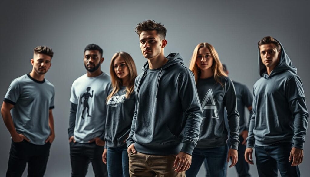 A photorealistic mockup of realistic apparel designs on male and female models, shot in a high-end studio with dramatic lighting and soft, diffused backgrounds. The apparel includes a variety of t-shirts, hoodies, and long-sleeve tops with custom graphic illustrations and patterns. The models are posed naturally, showcasing the clothing from multiple angles to highlight the texture, drape, and fit. The lighting casts deep shadows and subtle highlights, creating a sense of depth and dimensionality. The overall mood is sleek, modern, and aspirational, conveying the potential of these custom apparel designs. A photorealistic mockup of realistic apparel designs on male and female models, shot in a high-end studio with dramatic lighting and soft, diffused backgrounds. The apparel includes a variety of t-shirts, hoodies, and long-sleeve tops with custom graphic illustrations and patterns. The models are posed naturally, showcasing the clothing from multiple angles to highlight the texture, drape, and fit. The lighting casts deep shadows and subtle highlights, creating a sense of depth and dimensionality. The overall mood is sleek, modern, and aspirational, conveying the potential of these custom apparel designs.