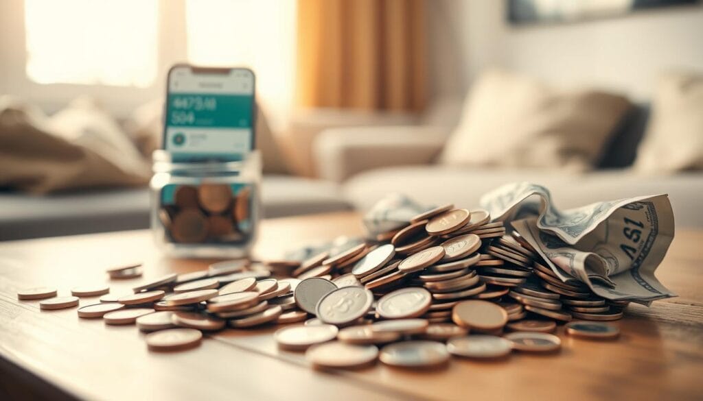 A pile of shiny coins and crumpled bills artfully arranged on a wooden tabletop. The foreground showcases the spare change, with the coins spilling out of a small glass jar and the paper money casually strewn about. The middle ground features a sleek, minimalist smartphone propped up, its screen displaying a financial app. The background is softly blurred, but hints at a comfortable, domestic setting with warm, natural lighting filtering in through a window. The scene evokes a sense of financial empowerment and the ease of managing one's savings through modern technology.