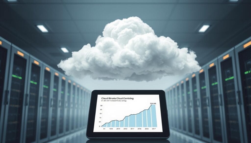 A pristine cloud formation hovers above a sleek, minimalist data center with rows of servers and glowing status panels. The soft, diffused lighting creates a serene, futuristic atmosphere, conveying the idea of efficient, cost-effective cloud storage. In the foreground, a tablet displays a graph showing a downward trend in cloud service costs, highlighting the potential for substantial savings. The overall composition emphasizes the harmony between technology and the natural world, suggesting a sustainable and optimized approach to cloud-based storage solutions. A pristine cloud formation hovers above a sleek, minimalist data center with rows of servers and glowing status panels. The soft, diffused lighting creates a serene, futuristic atmosphere, conveying the idea of efficient, cost-effective cloud storage. In the foreground, a tablet displays a graph showing a downward trend in cloud service costs, highlighting the potential for substantial savings. The overall composition emphasizes the harmony between technology and the natural world, suggesting a sustainable and optimized approach to cloud-based storage solutions.