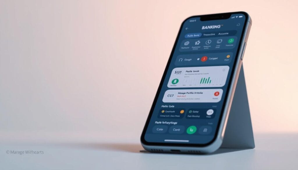 A professional and minimalist mobile banking app interface displayed on a sleek smartphone device. The foreground features a clean dashboard with intuitive icons and controls for managing transactions, accounts, and financial data. The middle ground showcases various mobile app features like budgeting tools, investment portfolio, and mobile payments. The background is a simple, uncluttered gradient or texture that complements the app's modern, user-friendly design. Soft, indirect lighting illuminates the scene, creating a sense of clarity and sophistication. The overall mood is one of efficiency, organization, and secure digital finance management on the go. A professional and minimalist mobile banking app interface displayed on a sleek smartphone device. The foreground features a clean dashboard with intuitive icons and controls for managing transactions, accounts, and financial data. The middle ground showcases various mobile app features like budgeting tools, investment portfolio, and mobile payments. The background is a simple, uncluttered gradient or texture that complements the app's modern, user-friendly design. Soft, indirect lighting illuminates the scene, creating a sense of clarity and sophistication. The overall mood is one of efficiency, organization, and secure digital finance management on the go.