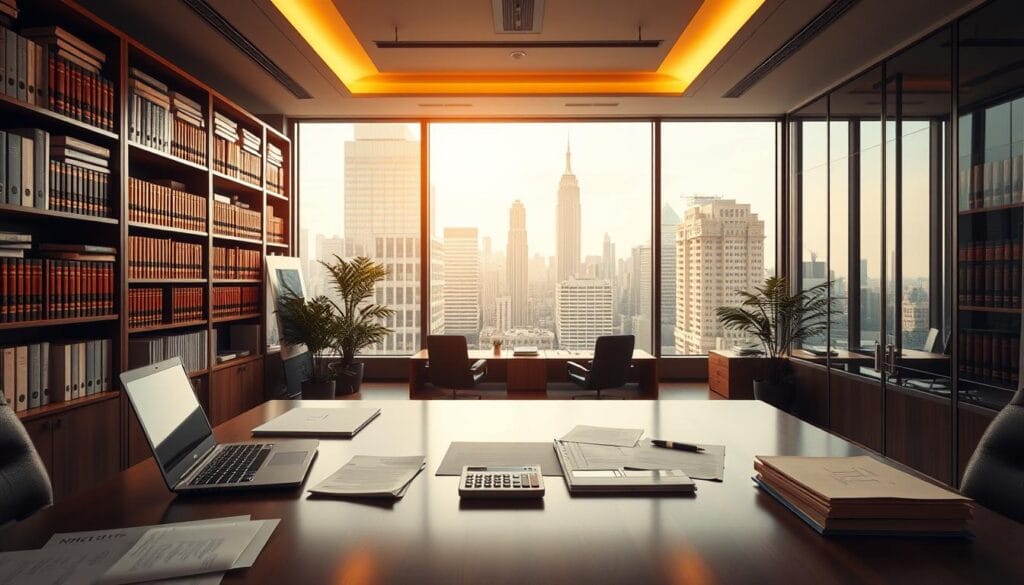 A professional and modern office space, with a large desk in the foreground featuring a laptop, calculator, and organized paperwork. In the background, shelves filled with financial documents and law books create a sense of expertise and authority. Warm, directional lighting casts a soft glow, conveying a sense of trust and security. The room is spacious, with large windows offering a view of a bustling city skyline, symbolizing the reach and scale of the debt settlement services. The overall atmosphere is one of competence, professionalism, and a genuine desire to help individuals navigate the complexities of credit card debt relief.